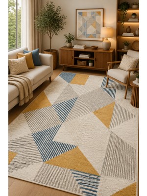 Norella Home Modern Geometrik Desenli Kaymaz Taban Yıkanabilir Halı Salon Halısı Koridor Halısı Antre Halısı Hardal Mavi Dekoratif Halı Iskandinav Tasarım Halı