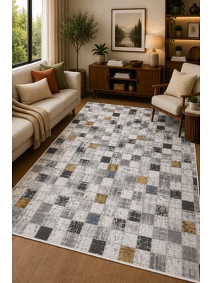 Norella Home Mozaik Desenli Kaymaz Taban Yıkanabilir Halı Modern Salon Halısı Gri Antrasit Bej Dekoratif Koridor Halısı