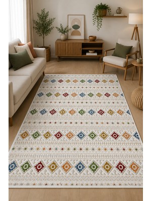 Norella Home Etnik Desenli Kaymaz Taban Yıkanabilir Halı Bohem Salon Halısı Renkli Geometrik Dekoratif Koridor Halısı