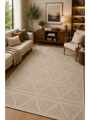 Norella Home Bej Geometrik Desenli Kaymaz Taban Yıkanabilir Halı Modern Bohem Salon Halısı Koridor Halısı Antre Halısı Dekoratif Halı
