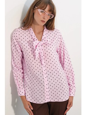 Hiccup Kadınlar Bdart Puantiyeli Poplin Gömlek Bluz Allık Pembe