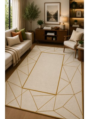 Norella Home Gold Geometrik Desenli Kaymaz Taban Yıkanabilir Halı Modern Salon Halısı Dekoratif Koridor Halısı Antre Halısı Şık Tasarım Halı