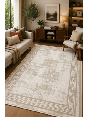 Norella Home Bej Çerçeve Desenli Kaymaz Taban Yıkanabilir Halı Modern Salon Halısı Klasik Bordürlü Dekoratif Koridor Halısı