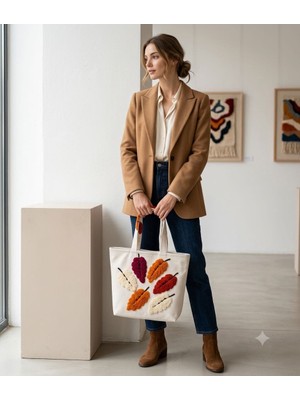 Zeybek Home     Zeybekhome Premium Kabartmalı Yaprak Desenli Bez Omuz Çantası | Günlük Kullanım Tote Bag