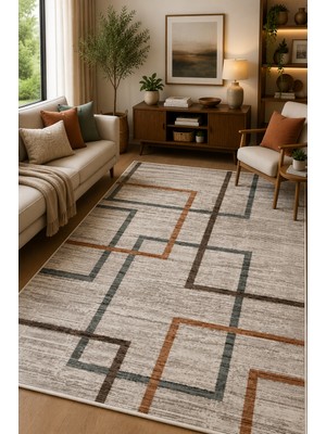 Norella Home Modern Geometrik Kare Desenli Kaymaz Taban Yıkanabilir Halı Salon Halısı Koridor Halısı Antre Halısı Bej Kahve Dekoratif Halı Minimalist Çizgili Tasarım Halı