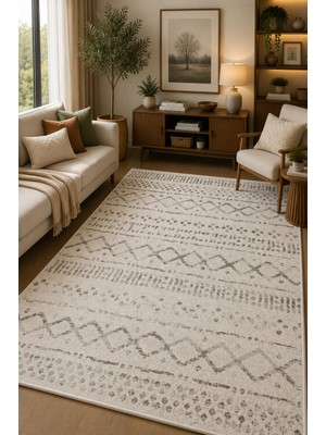 Norella Home Etnik Çizgili Desenli Kaymaz Taban Yıkanabilir Halı Bohem Salon Halısı Koridor Halısı Antre Halısı Bej Gri Dekoratif Halı Modern Kilim Görünümlü Halı