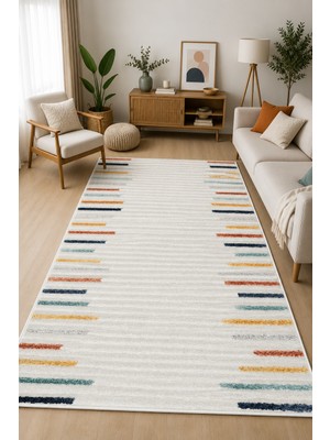Norella Home Modern Çizgi Desenli Kaymaz Taban Yıkanabilir Halı Krem Renkli Salon Halısı Minimal Dekoratif Koridor Halısı