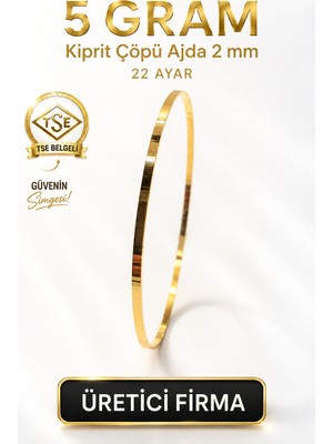 Aks Gold 22 Ayar TSE Belgeli (5 GRAM) 2 mm Kibrit Çöpü Ajda Altın Bilezik İşçiliksiz