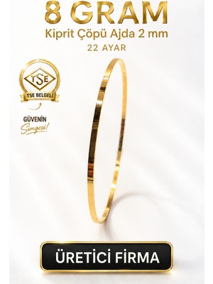 Aks Gold 22 Ayar TSE Belgeli (8 GRAM) 2 mm Kibrit Çöpü Ajda Altın Bilezik İşçiliksiz