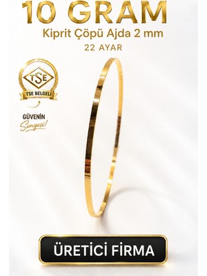 Aks Gold 22 Ayar TSE Belgeli (10 GRAM) 2 mm Kibrit Çöpü Ajda Altın Bilezik İşçiliksiz