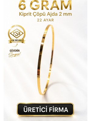 Aks Gold 22 Ayar TSE Belgeli (6 GRAM) 2 mm Kibrit Çöpü Ajda Altın Bilezik İşçiliksiz