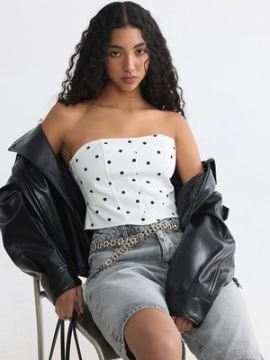 Lc Waikiki Yeni Sezon Straplez Yaka Puantiyeli Crop Jean Bluz