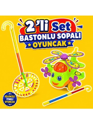 alpmodel Hayu Uçak Çıngıraklı Tekerlekli Çın Çın Sürmeli Sopalı Baston Eğitici Oyuncak 2\'li Set