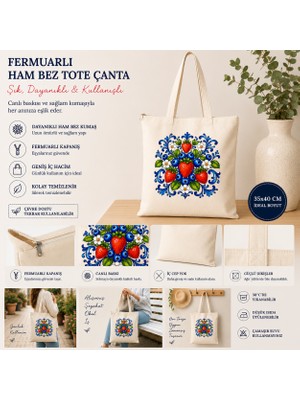 Tişört Kodu Fermuarlı Ham Bez Tote Çanta – Çilek & Yaban Mersini Desenli