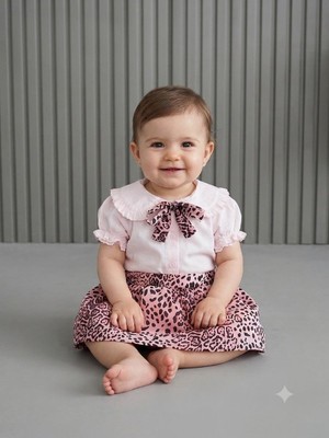 Caramell Kız Çocuk Leopar Etekli Fiyonklu Butik Takım