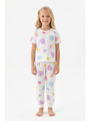 Zuzunga Pastel Renkli Çiçek Desenli Beyaz Kız Çocuk %100 Pamuk Pijama Takımı