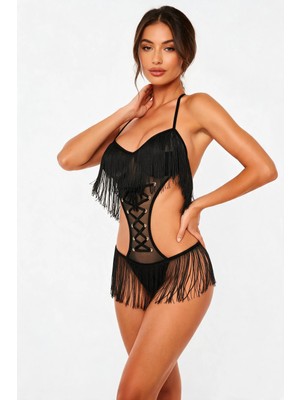 New Dreams Dantelli Tüllü Fantezi Body, Kadın Iç Giyim, Bağcıklı Tasarım, Saçaklı Püskül Detaylı, Modern Stil