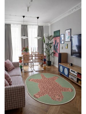 Arteluna Home Leopar 02 Yeşil Pembe Leopar Ince Vintage Görünüm Şönil Dokuma Oval Oturma Odası Ev Mutfak Halısı