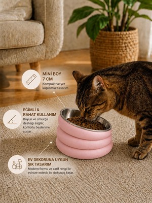 Basart Paslanmaz Çelik Eğimli Kedi Mama Kabı 7 cm Yükseltilmiş Mama ve Su Kabı Siyah