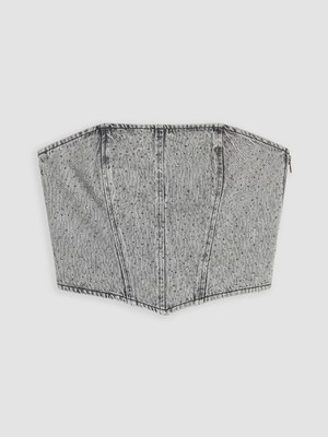 Lc Waikiki Yeni Sezon Straplez Yaka Taşlı Crop Jean Bluz