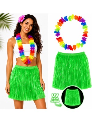 Die Grup Neon Yeşil Hawaii Etek 40 cm ve Rengarenk Hawaii Kolye
