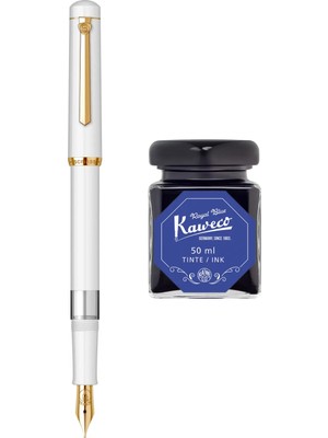 Wiz Design - Scrikss Pistonlu Beyaz Dolma Kalem + Kaweco 50 ml Mavi Şişe Mürekkep