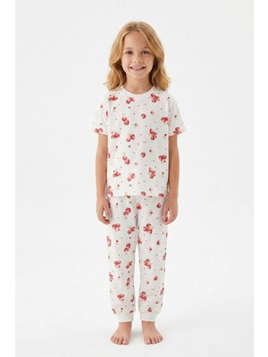 Zuzunga Çilek Desenli Kısa Kollu %100 Pamuk Kız Çocuk Pijama Takımı