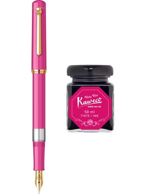 Wiz Design - Scrikss Pistonlu Pembe Dolma Kalem + Kaweco 50 ml Yakut Kırmızı Şişe Mürekkep
