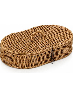 Welcomein Kapaklı Rattan Oval Organizer Sepet Hasır Saklama Kutusu Çok Amaçlı Dekoratif Düzenleyici Kapaklı Organizer