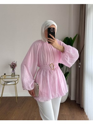 RFK Butik Kadın Balon Kol Bubble Kemerli Tunik - Pembe
