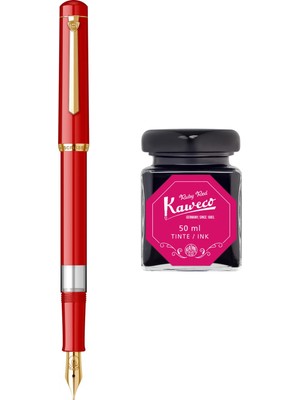 Wiz Design - Scrikss Pistonlu Kırmızı Dolma Kalem + Kaweco 50 ml Kırmızı Şişe Mürekkep