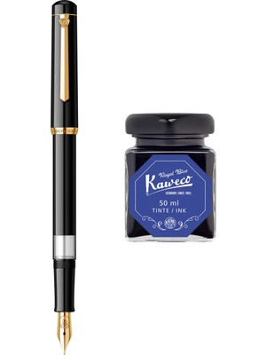 Wiz Design - Scrikss Pistonlu Siyah Dolma Kalem + Kaweco 50 ml Mavi Şişe Mürekkep