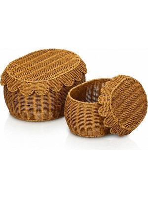 Welcomein 2’li Rattan Sepet Organizer Kapaklı Hasır Saklama Sepeti Seti Dekoratif Çok Amaçlı Düzenleyici Sepet Büyük ve Küçük Boy
