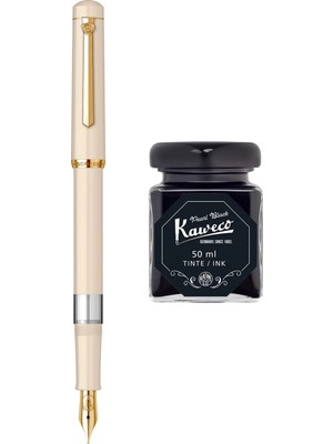 Wiz Design - Scrikss Pistonlu Bej Dolma Kalem + Kaweco 50 ml Siyah Şişe Mürekkep