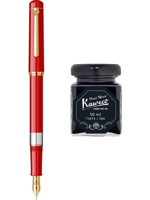 Wiz Design - Scrikss Pistonlu Kırmızı Dolma Kalem + Kaweco 50 ml Siyah Şişe Mürekkep