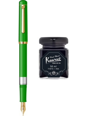Wiz Design - Scrikss Pistonlu Yeşil Dolma Kalem + Kaweco 50 ml Siyah Şişe Mürekkep