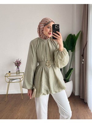 RFK Butik Kadın Balon Kol Bubble Kemerli Tunik - Yeşil