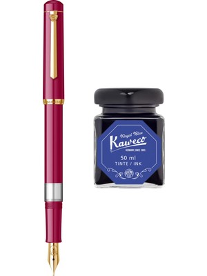 Wiz Design - Scrikss Pistonlu Fuşya Dolma Kalem + Kaweco 50 ml Mavi Şişe Mürekkep