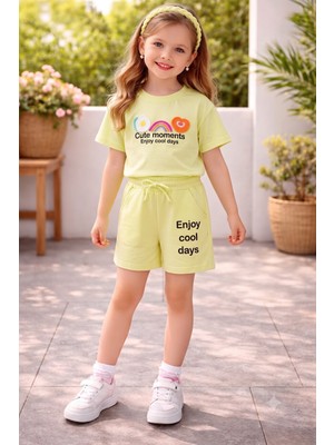 Kyex Kids Kyex Kız Çocuk Beyaz Tişört Pembe Şortlu Takım Yazlık Baskılı Pamuklu 2'li Takım