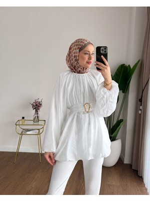 RFK Butik Kadın Balon Kol Bubble Kemerli Tunik - Beyaz