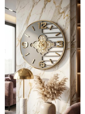 Asse Tasarım Premium Rotating Gears Mirror Wall Clock Hareketli Döner Çark 50CM Beyaz-Antrasit-Gold