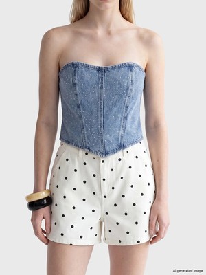 Lc Waikiki Yeni Sezon Straplez Yaka Taşlı Crop Jean Bluz