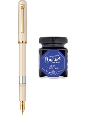Wiz Design - Scrikss Pistonlu Bej Dolma Kalem + Kaweco 50 ml Mavi Şişe Mürekkep