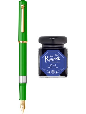 Wiz Design - Scrikss Pistonlu Yeşil Dolma Kalem + Kaweco 50 ml Mavi Şişe Mürekkep