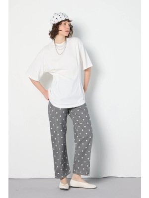 Minaaise Kadın Bel Detaylı Oversize T-Shirt Ekru