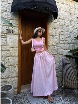 Minaaise Pembe %100 Organik Lastikli Ip Detaylı Uzun Etek 29266