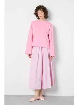Minaaise Crop Geniş Kol Oversize Basic T-Shirt Pembe