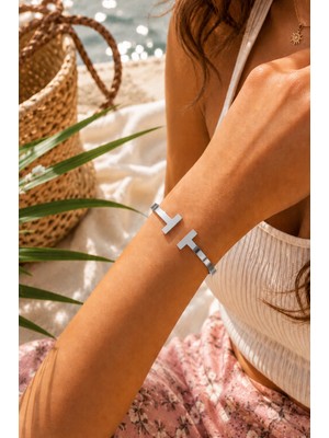 Adata Jewelry T Iffany Kadın Çelik Kelepçe Bileklik T Model Rose / Gümüş Renk