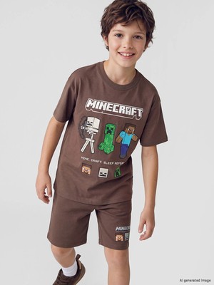 Lc Waikiki Yeni Sezon Bisiklet Yaka Minecraft Baskılı Erkek Çocuk Tişört