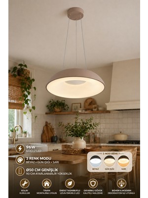 Elvora Home Modern (Premium) Tekli 3 Renkli Ledli Taba Sarkıt Avizesi Salon Mutfak Oturma Odası Şık Modelleri 96W